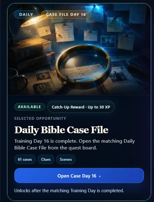 Bible Athlete Daily Bible Case File card showing an available passage-detail quest