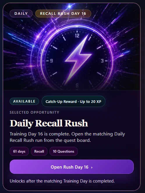 Bible Athlete Daily Recall Rush card showing an available quick-recall quest for a completed Training Day