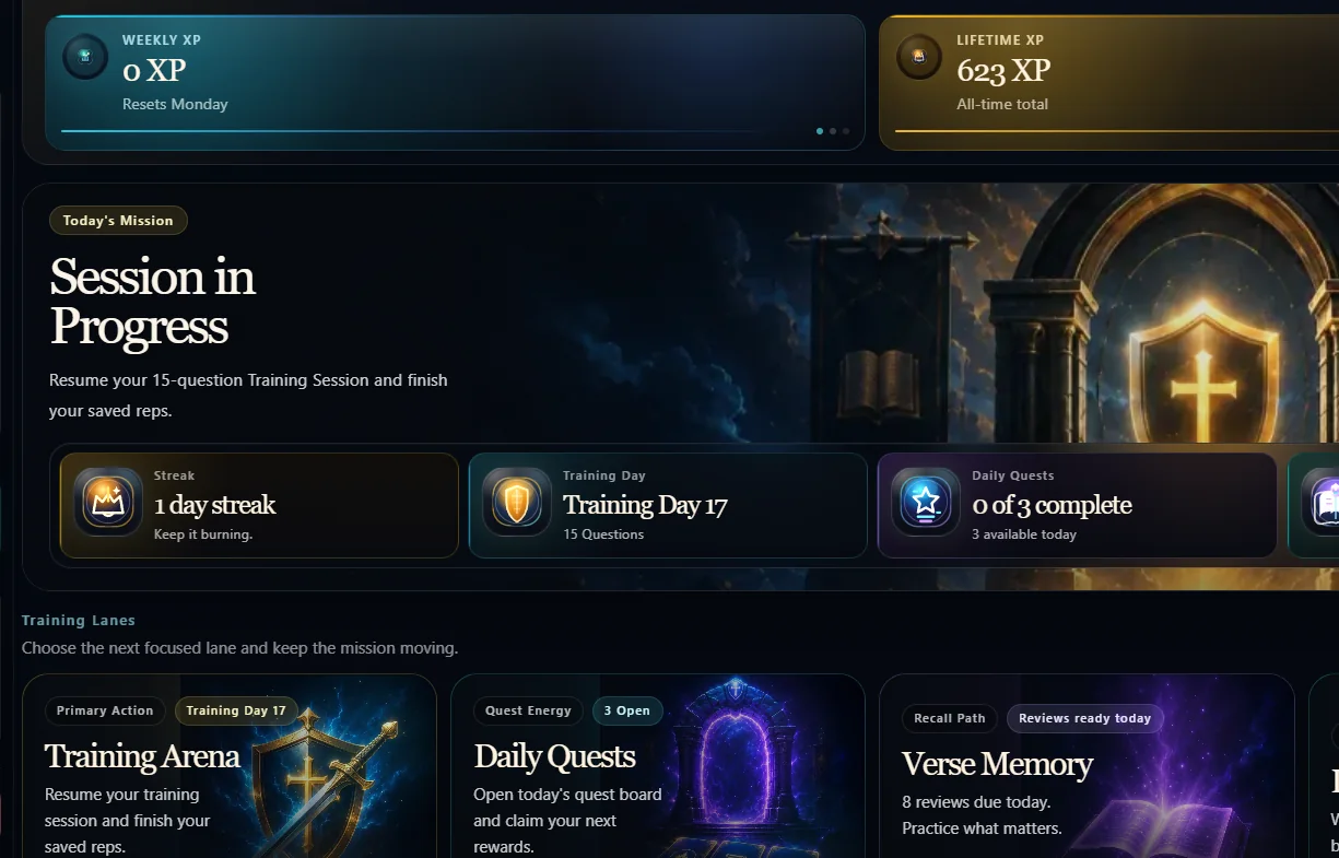 Bible Athlete dashboard showing a session in progress, XP panels, Training Arena, Daily Quests, and Verse Memory