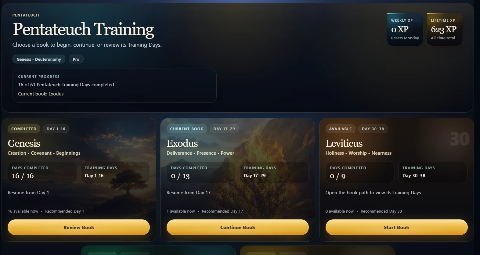 Bible Athlete Pentateuch Training screen showing Genesis completed, Exodus current, and Leviticus available